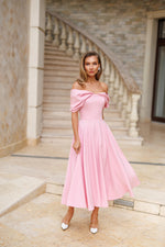 Įkelti vaizdą į galerijos peržiūrą, ELEGANTIŠKA MIDI SUKNELĖ ATVIRAIS PEČIAIS
